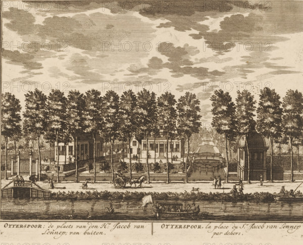 View of the country estate Otterspoor on the Vecht near Maarssen, Otterspoor, the place of Mr. Jacob van Lennep, from the outside, the place of Mr. Jacob van Lennep from the outside, print, book illustration, Series number, 22, 98, printmaker: Daniël Stopendaal, publisher: widow Nicolaes Visscher (II), Amsterdam, 1719, paper, etching, engraving, height 158 mm x width 204 mm, A wide engraved view shows a river foreground with a small sailboat and a larger rowed boat carrying seated figures, swans and other waterfowl on the water, and a planted riverbank with grass and low vegetation. Behind the bank runs a tree-lined road with a horse-drawn cart traveling and people walking and standing; an arched footbridge crosses a canal at one side. A row of tall trees forms a screen behind the road, revealing a stately building with a symmetrical façade and decorative roof partially visible between the trunks, flanked by smaller structures and gates. Paths and a stepped terrace lead inward from the...