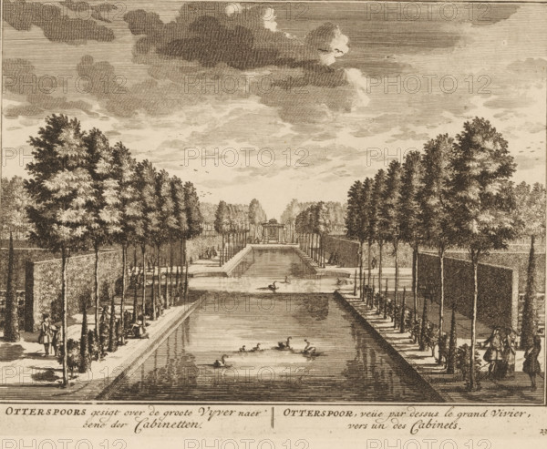 View of the garden of the Otterspoor country estate on the Vecht near Maarssen, Otterspoor's view over the large pond towards one of the cabinets, Otterspoor, view by the large pond, towards one of the cabinets, print, book illustration, Series number, 23, 98, printmaker: Daniël Stopendaal, after design by Daniël Stopendaal, publisher: widow Nicolaes Visscher (II), Amsterdam, 1719, Daniël Stopendaal, widow Nicolaes Visscher (II), printmaker, publisher, paper, etching, engraving, height 158 mm x width 204 mm, A sepia-toned engraved scene shows a long rectangular reflecting pool lined by rows of tall, leafy trees on both sides, with paved walkways beside the trees and formal hedges behind them; small groups of people in period clothing are walking and sitting along the paths, and a few swans and waterfowl float on the pool; at the far end of the pool there is a small classical pavilion framed by more trees, and the sky above is filled with layered clouds and a few distant birds.