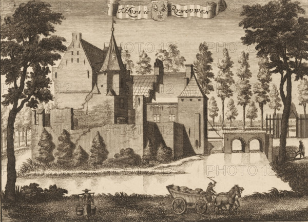 View of the house or castle Rhijnauwen near Bunnik, T huys te Rynouwen, print, book illustration, printmaker: Jan van Vianen, after drawing by Caspar Specht, Utrecht, publisher: Joachim Ottens, Amsterdam, after 1710, paper, etching, engraving, height 149 mm x width 205 mm, An engraved view shows a walled stone building complex with steep tiled roofs, a tall pointed tower, and various chimneys, set behind a raised embankment and surrounded by trees. In front of the walls a narrow waterway spans beneath an arched stone bridge. Along the near bank a horse pulls a cart laden with round objects while a driver raises an arm. Nearby a figure carries two buckets suspended from a shoulder yoke. Tall trees frame both sides of the scene and rows of slender trees rise behind the buildings. The engraving features dense line work for shading and crosshatching throughout.