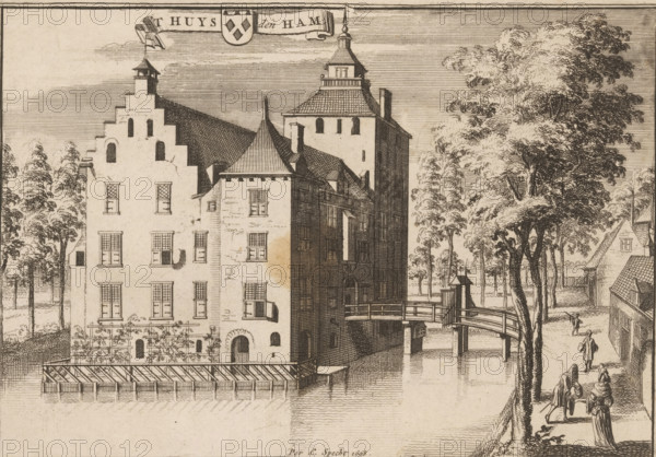 View of Den Ham Castle in Vleuten, 't Huys den Ham, print, book illustration, printmaker: Jan van Vianen, after drawing by Caspar Specht, Utrecht, publisher: Caspar Specht, 1698, Jan van Vianen, Caspar Specht, printmaker, after drawing by, publisher, paper, etching, engraving, height 149 mm x width 213 mm, A detailed ink drawing of a riverside scene shows a large multi-story building with stepped gables, varied rooflines, and many rectangular windows, some with small panes and shutters, adjacent to a taller tower with a pitched roof and a small cupola; a wooden bridge with railings spans the water beside the buildings, connecting to a tree-lined path where several figures walk and stand, including one person approaching the bridge and a small group seated or gathered near the riverbank; tall leafy trees rise on the right side, and a low fence and wooden waterfront structure run along the building edge over the water.