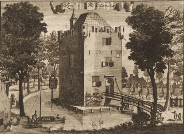 t Huys te Vleuten, View of the House at Vleuten, print, book illustration, printmaker: Jan van Vianen, after drawing by Caspar Specht, Utrecht, publisher: Joachim Ottens, c. 1710, paper, etching, engraving, height 153 mm x width 206 mm, A detailed ink engraving showing a tall fortified house with battlements and a steep roof, flanked by large leafy trees on both sides; a wooden bridge leads to an arched doorway in the building and a docked boat sits in a narrow waterway beneath, with two swans swimming nearby; small human figures stand and walk along paths and near the water, some carrying items and others conversing; distant houses and rows of trees appear in the background, and decorative banners and a shield sit along the top edge of the image.
