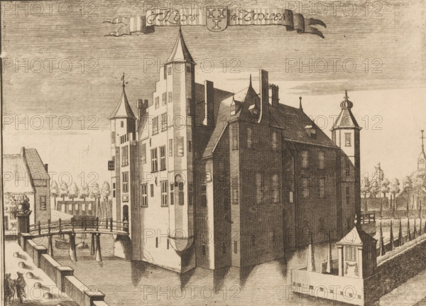 t Huys te Zuylen, View of Zuylen Castle in Oud-Zuilen, print, book illustration, printmaker: Jan van Vianen, after drawing by Caspar Specht, Utrecht, publisher: Joachim Ottens, c. 1710, paper, etching, engraving, height 148 mm x width 203 mm, A detailed monochrome engraving of a large multi-story building with steep pitched roofs, towers with conical tops, chimneys, and numerous windows, set beside a body of water; a wooden arched bridge spans the water leading to the building, with small boats moored beneath; a waterfront promenade with a low wall and rounded bollards runs along the foreground where two small figures stand; rows of trees and a gated fence appear behind the building on one side, and a small pavilion with a decorative roof and a fenced area sits near the water on the other side; the sky is filled with fine horizontal line shading and a decorative flowing banner with an emblem stretches across the upper portion.