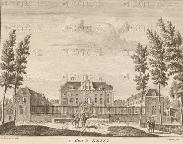 View of Slot Zeist, 't Huis te Zeist, print, book illustration, printmaker: Hendrik Spilman, after drawing by Jan de Beijer, Utrecht, publisher: Isaak Tirion, Amsterdam, 1745 - 1774, Hendrik Spilman, Jan de Beijer, Isaak Tirion, printmaker, after drawing by, publisher, paper, etching, engraving, height 162 mm x width 203 mm, A detailed sepia-toned etching shows a large rectangular mansion with a steep roof and ornate central pediment, flanked by symmetrical wings and smaller gabled buildings on each side, all set behind an iron fence with a decorative gated entrance; tall, leafy trees rise on both sides of the composition, and a few small human figures and horsemen are positioned near the gate, with a distant horizon of layered clouds filling the sky.