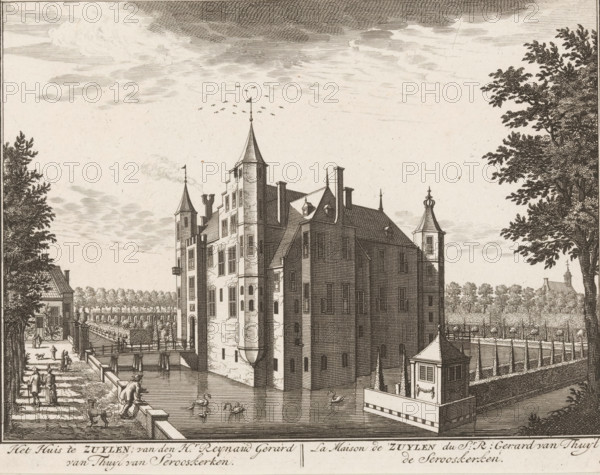 The house at Zuylen, of Mr. Reynaud Gerard van Thuyl van Serooskerken, La maison de Zuylen du sr. R: Gerard van Thuyl van Serooskerken, View of Zuilenstein Castle in Leersum (former title), View of Zuilen Castle in Zuylen near Utrecht, print, book illustration, Series number, 8, 98, printmaker: Daniël Stopendaal, publisher: widow Nicolaes Visscher (II), Amsterdam, 1719, paper, etching, engraving, height 163 mm x width 207 mm, A detailed ink illustration of a large stone building with multiple gabled roofs and tall narrow towers rising from its corners, each topped with pointed spires and small flags, sits surrounded by water forming a moat. The building shows many windows set into its textured brick walls and steep rooflines with chimneys and dormer windows. In the foreground along the water’s edge, a stepped quay and a low stone wall border the moat where swans float and a small pavilion stands on a platform. People walk and gather on a tree-lined path beside the moat, some near a sma...