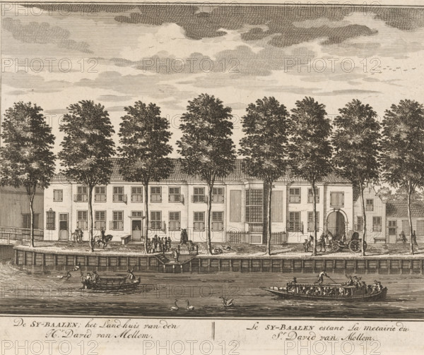 View of the country estate Zijdebalen on the Vecht near Utrecht, De Sy-Baalen, the country house of Mr. David van Mollem, Le Sy-Baalen estant la metairie du sr. David van Mollem, print, book illustration, Series number, 3, 98, printmaker: Daniël Stopendaal, publisher: widow Nicolaes Visscher (II), Amsterdam, 1719, paper, etching, engraving, height 163 mm x width 210 mm, A detailed monochrome engraving showing a row of tall leafy trees planted along a street in front of a long, multi-windowed building with a tiled roof and arched entrance, people gathered and walking along the sidewalk, a horse and carriage near the building, several small boats with passengers on the water in the foreground, swans swimming near the boats, and a sky filled with textured clouds.