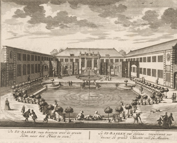 De Sy-Baalen, seen from the inside over the large basin towards the house, Le Sy-Baalen par dedans, regardant par dessus le grand bassin vers la maison, View of the inner courtyard of the Zijdebalen country estate on the Vecht near Utrecht, print, book illustration, Series number, 4, 98, printmaker: Daniël Stopendaal, publisher: widow Nicolaes Visscher (II), Amsterdam, 1719, paper, etching, engraving, height 163 mm x width 210 mm, A wide engraved scene shows a formal rectangular garden with a large central pool bordered by stone edges and small potted trees, a stepped fountain feature at one end, and sculpted figures reclining on the near edge; flanking the pool are symmetrical terraces lined with rows of potted plants and clipped hedges, with classical statues on pedestals set into the hedged walls; beyond the garden stands a grand building with a central portico of columns, stairway, and ornate pediment, connected on either side to long wings with many windows and decorative roundels...