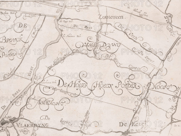 Map of the Schieland Water Board, with Vlaardingen, print, map, printmaker: Floris Balthasarsz. van Berckenrode, printmaker: Balthasar Florisz. van Berckenrode, commissioner (person who orders works): Schieland Water Board, 1611 - 1635, commissioner (person who orders works), paper, etching, engraving, height 216 mm x width 295 mm, This map was published five times between 1611 and 1635 without the plates being updated. Unclear to which edition this copy belongs., armorial bearing, heraldry, maps of separate countries or regions, Schieland, A section of an old hand-drawn map rendered in sepia tones showing winding waterways, straight and curved boundary lines, and irregular parcel shapes. Decorative, flowing calligraphic lettering appears across the surface in various orientations, with ornate swirls integrated into the letterforms. Thin inked roads or dikes run between parcels and intersect at small bridge-like joins, while clusters of short parallel strokes indicate textured banks or...