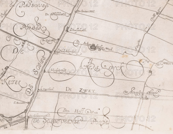Map of the Schieland Water Board, with De Zweth, print, map, printmaker: Floris Balthasarsz. van Berckenrode, printmaker: Balthasar Florisz. van Berckenrode, commissioner (person who orders works): Schieland Water Board, 1611 - 1635, commissioner (person who orders works), paper, etching, engraving, height 219 mm x width 293 mm, This map was published five times between 1611 and 1635 without the plates being updated. Unclear to which edition this copy belongs., armorial bearing, heraldry, maps of separate countries or regions, Schieland, A sepia-toned, hand-drawn map fragment with flowing calligraphic lines and ornamental swirls, featuring narrow straight and curved boundary lines, irregularly shaped enclosed plots, linear canal or road with parallel edging running vertically, tiny clustered building symbols along some lines, small circular and oval decorative loops within larger fields, scattered faint stains and smudges on the paper, and fine pen strokes showing texture and age acros...