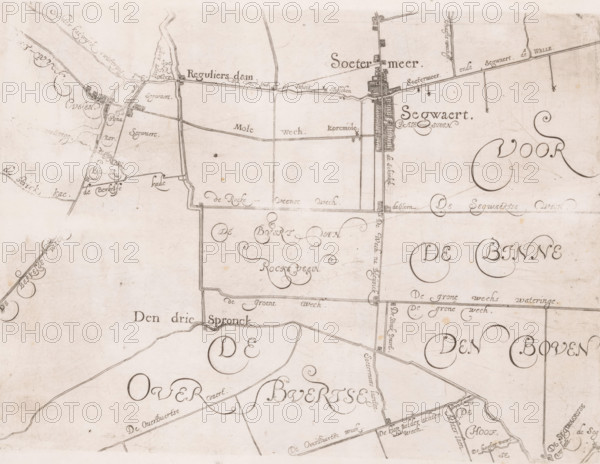 Map of the Schieland Water Board, with Zoetermeer and Seghwaert, print, map, printmaker: Floris Balthasarsz. van Berckenrode, printmaker: Balthasar Florisz. van Berckenrode, commissioner (person who orders works): Schieland Water Board, 1611 - 1635, commissioner (person who orders works), paper, etching, engraving, height 220 mm x width 300 mm, This map was published five times between 1611 and 1635 without the plates being updated. Unclear to which edition this copy belongs., armorial bearing, heraldry, maps of separate countries or regions, Schieland, A sepia-toned hand-drawn map showing parcels of land divided by straight and curved lines, with a network of narrow roads and canals, clusters of small rectilinear building shapes along some roads, decorative curled flourishes and ornamental compass-like embellishments, and shaded linear banks along watercourses; the surface has small stains and age spots and the ink varies in darkness across the page.