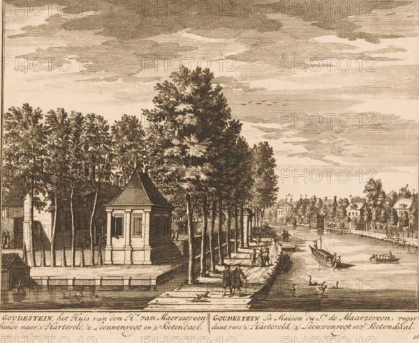 Goudestein, the House of Mr. van Maersseveen, looking towards (1) Harteveld, (2) Leeuwenvegt and (3) Soetendael, Goudestein La Maison du Sr. de Maarseveen, regardant vers (1) Harteveld, (2) Leeuwenvegt et (3) Soetendaal, View of Goudestein, print, Series number, 16, printmaker: Daniël Stopendaal, publisher: widow Nicolaes Visscher (II), 1719, paper, etching, height 162 mm x width 201 mm, A sepia-toned etching showing a riverside scene with tall trees lining a paved walkway, a small classical pavilion with a tiled roof near the water, and figures walking along the path and standing by the edge. Boats float on the river, including a long boat with seated passengers and a smaller rowed craft, while birds swim near the bank. In the background are rows of houses and distant buildings partially obscured by trees, and the sky is filled with layered, linear clouds.