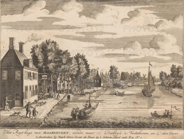 The Courthouse of Maarseveen, looking towards (1) Daelwyk (2) Vechthoven, and (3) the Bank, View of courthouse and inn The Black Pig, print, after print by Daniël Stopendaal, publisher: Isaac Greve, Amsterdam, 1718 - 1757, Daniël Stopendaal, printmaker, after print by, paper, etching, height 148 mm x width 197 mm, After print in: Stopendaal, Daniel. The Triumphant Vecht, showing various views of pleasure grounds, manor houses and villages, beginning from Utrecht and ending with Muyden. Amsterdam: Widow Nicolaas Visscher, 1719., river, hotel, hostelry, inn, city-view, and landscape with man-made constructions, court building, Maarssen, Maarsseveen, A riverside scene rendered in fine ink lines showing a large house with a steep tiled roof and chimneys at the left edge, an open doorway with a person visible inside, and a person standing outside holding a smaller figure while a dog runs nearby; a row of trees and smaller buildings lines the bank behind a busy quay where carts, people walki...
