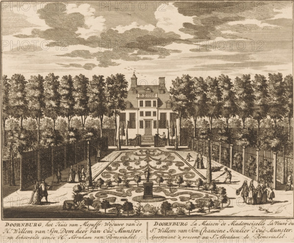 View of Doornburgh House, Doornburg, the House of Miss: Widow of St. Willem van Son, Cathedral Lord of Oud-Munster, Doornburg la Maison de Mademoiselle La veuve du Sr. Willem van Son, print, Series number, 12, printmaker: Daniël Stopendaal, publisher: widow Nicolaes Visscher (II), 1719, paper, etching, height 163 mm x width 202 mm, A formal garden with symmetrical parterre beds and patterned plantings stretches toward a three-story house set behind a central path, flanked by tall, evenly spaced trees and fenced walkways. The house shows a stepped roofline with chimneys and a small balustrade above the entrance, and steps leading down to the garden. Figures in period dress stroll along the paths and stand in small groups, while gardeners are depicted working with tools. Ornamental urns and low clipped shrubs border the parterres, and a rectangular pedestal or fountain rises from the center of a circular planting near the foreground. The sky is filled with large, textured clouds rendered...