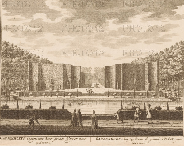 View of the Gansenhoef country estate, Gansenhoef's view, over her large Vyver, afterward, Gansenhoef, view of the grand Vivier, par derriere, print, Series number, 26, printmaker: Daniël Stopendaal, publisher: widow Nicolaes Visscher (II), 1719, Daniël Sstopendaal, widow Nicolaes Visscher (II), printmaker, publisher, paper, etching, engraving, height 159 mm x width 205 mm, A wide sepia-toned engraving showing a formal garden scene with tall, rectangular hedges and rows of trees on either side, a central avenue receding into the distance, and sculpted pedestals and statues positioned along the hedge line. In the foreground a long reflective water basin spans the width of the image with swans and waterfowl visible on its surface, bordered by low balustrades and planted parterres. Figures in period dress stroll or stand near the water and on the paths, including couples and solitary walkers, while a worker with a long tool tends the ground nearer the front. The sky above is filled with m...