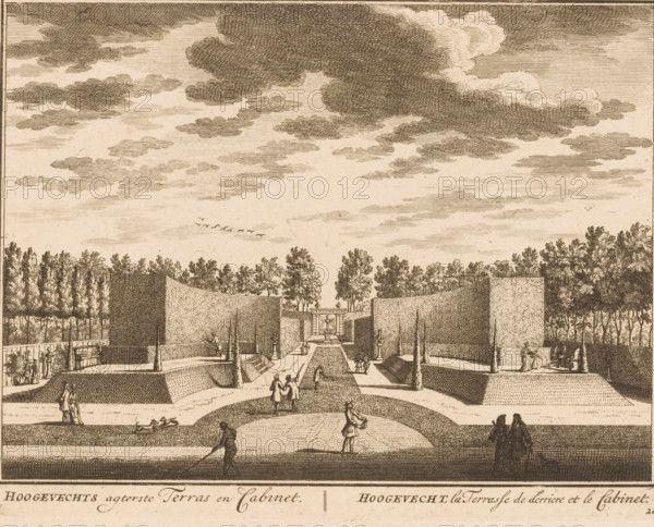 Hoogevechts agterste Terras en Cabinet, Hoogevecht, la Terrasse de derriere et le Cabinet, View of the garden of country estate Hoogevecht, print, Series number, 20, printmaker: Daniël Stopendaal, publisher: widow Nicolaes Visscher (II), 1719, paper, etching, height 160 mm x width 204 mm, A sepia-toned engraved scene shows a formal garden with geometric terraces, hedges, and tall clipped walls framed by rows of trees, with a wide central walkway leading toward a pavilion flanked by sculpted urns and statues; small groups of people in period dress are scattered along paths and terraces, some walking and conversing while others stand or sit, and a person in the foreground appears to row or pole a small craft; the sky is filled with layered, crosshatched clouds and a small V-shaped formation of birds.