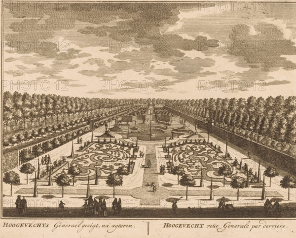 Hoovluchts Generael gesigt, na agteren, Hoovlucht veüe Generale par derriere, View of the garden of the Hoovlucht country estate, print, Series number, 19, printmaker: Daniël Stopendaal, publisher: widow Nicolaes Visscher (II), 1719, paper, etching, engraving, etching and engraving, height 160 mm x width 207 mm, An engraved landscape view shows a formal garden with symmetrical parterres featuring ornate scrollwork patterns, low hedges, and planted trees arranged along straight pathways. Figures in period dress walk and stand on the foreground terrace and along the garden alleys, some in small groups and some individually. Tall rows of evenly spaced trees form long avenues on either side of the central axis, which leads toward a distant balustrade and pavilion structure. Fountains and basins are aligned along the central water feature, with sculptural elements and vertical posts rising from the water. The sky above is filled with hatched, textured clouds. The image is rendered in monoch...