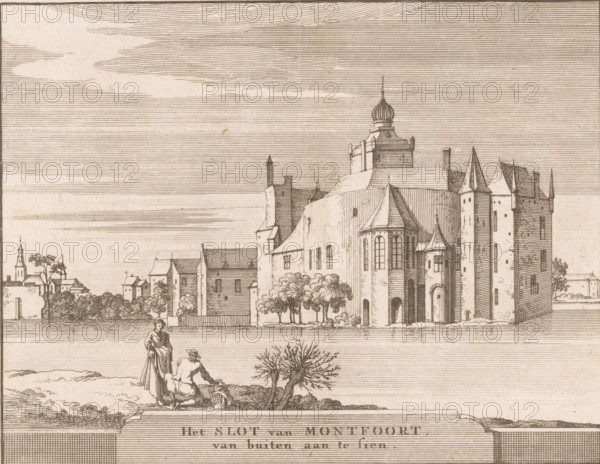 The Castle of Montfoort, View of the castle of Montfoort, Castles in the Netherlands, print, printmaker: Jacobus Schijnvoet, Amsterdam, after drawing by Roelant Roghman, publisher: Pieter de Coup, publisher: Hendrik Bosch, publisher: Johannes Marshoorn (publisher), Haarlem, publisher: Gerrit Bom, 1711 - 1774, paper, etching, height 141 mm x width 182 mm, Print included in: Smids, Ludolph. Schatkamer der Nederlandse! Antiquities, or Dictionary, comprising Dutch cities, 1711. Also appeared in the reissue of the aforementioned work in 1737 and 1774. In 1721, an edition appeared containing only the prints: Dutch antiquities, consisting of sixty images, situated in Holland, 1721., castle, Montfoort, An engraving showing a large fortified building with towers and turrets rising from a walled enclosure beside a body of water, rendered in fine parallel hatching lines; the structure features rounded and pointed roofs, arched windows and doorways, and a dome-like cupola atop a central tower, wit...