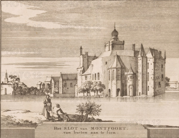 The Castle of Montfoort, View of the castle of Montfoort, Castles in the Netherlands, print, printmaker: Jacobus Schijnvoet, Amsterdam, after drawing by Roelant Roghman, publisher: Pieter de Coup, publisher: Hendrik Bosch, publisher: Johannes Marshoorn (publisher), Haarlem, publisher: Gerrit Bom, 1711 - 1774, paper, etching, height 195 mm x width 214 mm, Print included in: Smids, Ludolph. Schatkamer der Nederlandse! Antiquities, or Dictionary, comprising Dutch cities, 1711. Also appeared in the reissue of the aforementioned work in 1737 and 1774. In 1721, an edition appeared containing only the prints: Dutch antiquities, consisting of sixty images, situated in Holland, 1721., castle, Montfoort, A detailed line drawing of a large castle-like building with towers, turrets, arched windows, and a distinctive onion-shaped dome, set behind a row of trees and smaller buildings along a shoreline; two small human figures stand in the foreground near a low shrub, one standing and the other seate...