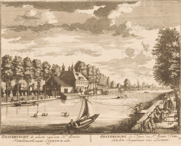 Oostervecht, the place of Mr. Isaäc Simkinson, seen towards Loenen, View towards Loenen, View of Oostervecht, print, Series number, 71, printmaker: Daniël Stopendaal, publisher: widow Nicolaes Visscher (II), 1719, paper, etching, height 158 mm x width 205 mm, A wide riverside scene rendered in sepia tones shows a sailboat in the foreground with a single sail and a figure at its stern, two swans floating nearby, and a shoreline lined with trees and buildings including a large multi-story house with a steep roof and decorative rooftop structures; a dock and smaller boats are moored along the water, figures walk and gather on a path beside the river where a horse-drawn cart and several people are visible, and distant houses and trees appear along the far bank beneath a sky filled with layered, textured clouds.
