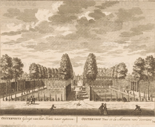 View of the gardens of Oostervecht, Oostervegts Gesigt van het Huis naer agteren, Oostervegt Veue de la Maison vers derriere, print, Series number, 72, printmaker: Daniël Stopendaal, publisher: widow Nicolaes Visscher (II), 1719, paper, etching, height 158 mm x width 204 mm, A wide engraved landscape showing a formal garden with symmetrically arranged trees and hedges leading to a distant pavilion, framed by tall cloud-filled sky above; pathways, canals, and rectangular planted beds run toward the center where a small architectural structure sits, and small groups of people and a few animals are scattered along the foreground paths and lawns.