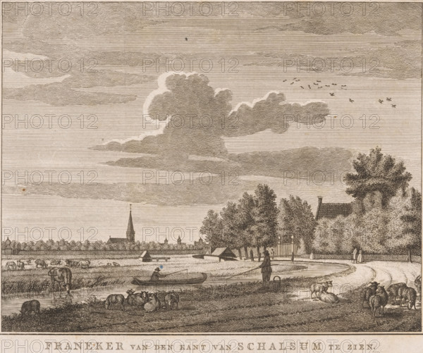 View of Franeker, seen from Schalsum, Franeker seen from the side of Schalsum, print, printmaker: Dirk de Jong (possibly), Northern Netherlands, c. 1779 - c. 1805, paper, etching, height 175 mm x width 213 mm, Used in: Jan Wagenaar, Tegenwoordige staat der Vereenigde Nederlanden, Amsterdam: Simon Stijl, 1787, vol. 14, opposite p. 438., city-view, and landscape with man-made constructions, Franeker, Schalsum, A wide engraved landscape showing a riverbank scene with grazing animals in the foreground and a small body of water with a person in a boat and another standing on the shore holding a pole, groups of sheep and cows scattered nearby, a dirt path curving past trees toward a gate and a cluster of buildings partially hidden by dense trees, a tall church steeple rising above a distant treeline on the horizon, a large cloud formation dominating the sky with smaller clouds and a flock of birds in flight, and finely hatched lines and stippling throughout creating tonal shading.