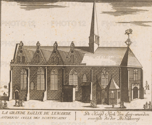 View of the Grote Kerk in Leeuwarden, La grande eglise de Lewarde autrefois celle des dominicains, The Hoofd Kerk Van Leey-waerden before the Predikheereij, print, printmaker: attributed to Jacobus Harrewijn, publisher: François Foppens (II) (possibly), c. 1720, Attributed to, paper, etching, height 160 mm x width 215 mm, Later published in: Histoire Generale des Pais bas Contenant la Description des XVII Provinces. Brussels: Francois Foppens, 1720., church (exterior), Leeuwarden, A detailed line drawing of a large stone church facade with tall arched windows, pointed gables along the roofline topped with small finials, a tall slender spire rising from a tower, and a decorative weather vane on a smaller roof section; the walls are depicted with brick or stone patterning and there are multiple entrances and a small attached chapel with its own pitched roof; small groups of tiny figures are scattered near the base of the building and horizontal shaded clouds appear in the sky above.