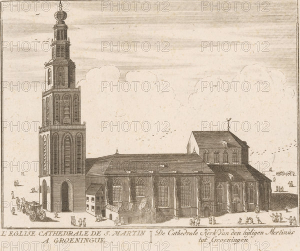 L'Eglise cathedrale de S. Martin a Groeningue, De Cathedrale Kerk Van den hyligen Mertinus tot Groeningen, Sint-Martinuskerk in Groningen, print, printmaker: attributed to Jacobus Harrewijn, publisher: François Foppens (II) (possibly), c. 1720, Jacobus Harrewijn, François Foppens (II), printmaker, publisher, Attributed to, paper, etching, height 157 mm x width 207 mm, Later published in: Histoire Generale des Pais bas Contenant la Description des XVII Provinces. Brussels: Francois Foppens, 1720., town hall, Groningen (city), A detailed pen-and-ink illustration of a large church with a tall multi-staged tower on the left and a long nave extending to the right, showing many tall arched windows and buttresses; the tower has successive tiers with arched openings and a decorative finial at the top, and the nave roof is rendered with parallel hatching lines and small roof ornaments; small clustered buildings and doorways are attached to the church’s lower side, and tiny groups of people are ...