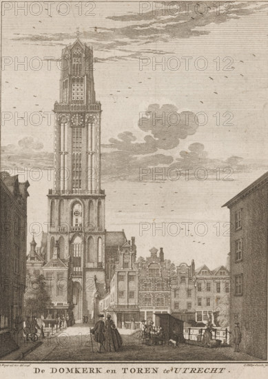 The Dom Church and Tower in Utrecht, View of the Dom Tower in Utrecht, print, seen from the bridge. In the foreground a walking couple and a stall. On the right a man urinating against a wall., printmaker: Caspar Jacobsz. Philips, Amsterdam, after drawing by Jan de Beijer, 1757, paper, etching, height 188 mm x width 140 mm, city-view in general, 'veduta', church (exterior), Utrecht, Dom of Utrecht, Domkerk (Utrecht), A tall stone tower with ornate vertical windows and decorative upper sections rises above a row of traditional gabled buildings; the tower shows arched openings, a clock-like circular feature, and detailed masonry. In front of the buildings a cobbled street runs toward the foreground where small groups of people in period clothing walk and converse; two figures with cloaks and walking sticks stand near the center. Market activity is visible with stalls, a covered cart, and a person attending to goods near the water’s edge where small boats are moored. The sky is filled wit...