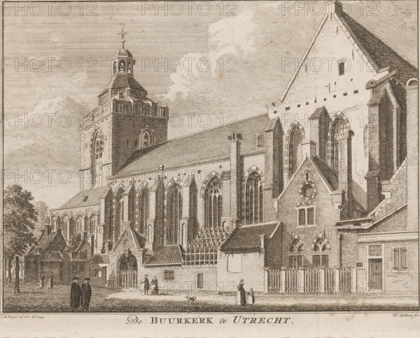 The Buurkerk in Utrecht, View of the Buurkerk in Utrecht, print, printmaker: Hendrik Spilman, Haarlem, after drawing by Jan de Beijer, publisher: Isaak Tirion (possibly), Amsterdam, 1744 - 1758, paper, etching, height 159 mm x width 205 mm, Print used in: Tegenwoordige staat der Vereenigde Nederlanden, eleventh part, containing a description of the province of Utrecht. Decorated with maps, plans of the cities and print illustrations, Contemporary history, or present state of all peoples, 1758, between p. 374 and p. 375., church (exterior), Utrecht, Buurkerk, A detailed ink drawing of a large Gothic church facade with tall pointed windows, buttresses, and a steep roof, featuring a square tower topped by a small domed belfry and a weather vane. The stone walls show blockwork and decorative arches, and there are smaller attached buildings with pitched roofs and round windows along the street-facing side. People in period clothing are walking or standing near the entrance and along the sid...