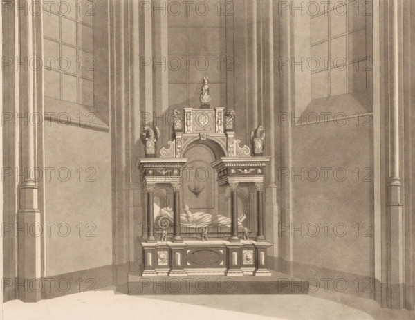 Church interior with gisant, print, number: 'T 974, s-', France (possibly), 1700 - 1799, printmaker, paper, aquatint, etching, height 232 mm x width 290 mm, effigy, 'gisant' (portrait-figure on closed coffin or in 'castrum doloris'), transi, A tall architectural interior with high vertical columns and large recessed windows flanking a central ornate funerary monument, the monument featuring a sculpted recumbent effigy on a raised bed beneath an arched canopy supported by paired columns, decorative lion and eagle figures atop pedestal corners, carved human faces and scrollwork on the entablature, shield-like cartouches and heraldic motifs on the uppermost section, a hanging lamp or vessel suspended within the arch behind the effigy, a recessed alcove behind the monument with paneled wall surfaces, and a broad stepped base set into the floor plane.