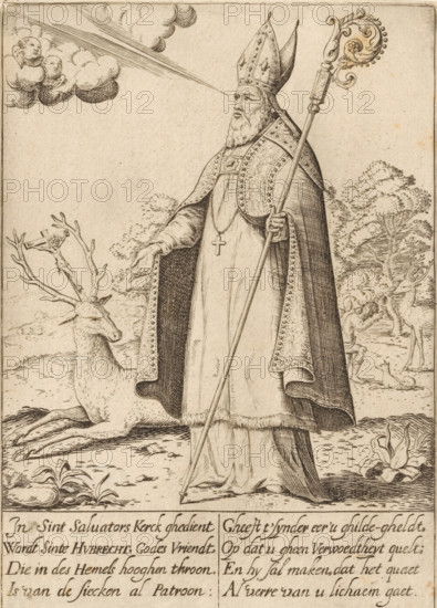 H. Hubertus, print, Netherlands, 1600 - 1699, printmaker, paper, engraving, etching, height 160 mm x width 115 mm, the hunter Hubert(us), bishop of Maastricht and Liège, possible attributes: hounds, hunting horn, key, stag with crucifix, (bishop's) stole, An engraved scene shows a bearded man wearing ornate bishop’s vestments and a tall mitre, holding a long crozier in one hand and gesturing with the other; a cross hangs from his chest and decorative patterns run along his cloak edges. A reclining stag with large antlers rests near his feet, and a small crucifix appears entangled in the antlers. In the background a landscape of trees and two additional deer is visible, one facing a kneeling human figure. In the sky a cluster of clouds contains two cherubic faces and a beam of light extends from the clouds toward the bishop’s head. The lower portion of the image contains a block of hand-lettered lines separated into columns.