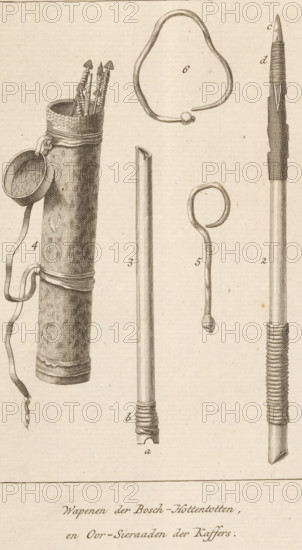Arms of the Bush Hottentots and Ear Ornaments of the Kaffirs, Arms of the Khoikhoi and ornaments of the Xhosa, print, book illustration, Numbered top left: Pl. V., watermark, Netherlands, publisher: Luchtmans, Samuel & Joannes, Leiden, publisher: Martinus de Bruyn, Amsterdam, 1787, printmaker, paper, etching, proof, height 205 mm x width 122 mm, Proof of a print from: Sparman, Anders Erikson. Journey to the Cape of Good Hope, the lands of the South Pole, and around the world, but mainly in the lands of the Hottentots and Kaffirs, undertaken in the years 1772 to 1776 by Andreas Sparman, Leiden: S. and J. Luchtmans, Amsterdam: M. de Bruijn, vol. 1, pl. 5, before p. 233., weapons, Khoikhoi, ornaments, jewels, archer's weapons, A vertical arrangement of detailed pen-and-ink drawings on aged paper depicting various elongated objects and accessories including a cylindrical container with woven texture and a strap, a set of slender pointed implements emerging from the container, a long tapere...