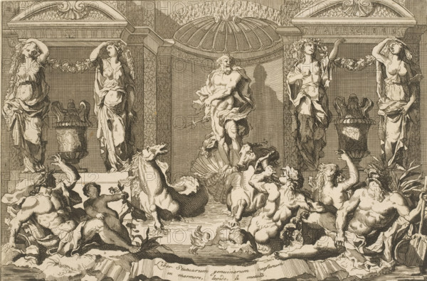 Title print with Neptune, lapids and nymphs, Prints after various statues, Liber Statuarum genuinarum caefarum ex marmore, lapide & metallo, print, ornamental print, title print, Wall with three niches, in the middle one stands Neptune on a shell being pulled by two seahorses. The left and right niches are decorated with caryatids and a vase., printmaker: Daniël Marot (I), Netherlands (possibly), after 1703 - before 1800, paper, etching, height 178 mm x width 268 mm, Part of a series with prints after various statues., triumph of Neptune, A detailed engraving showing a classical architectural backdrop with a domed niche at center and fluted pilasters framing the scene, flanked by four draped female figures standing on pedestals and holding garlands, two ornate urns positioned beneath the outer pairs of figures, and a central bearded male figure standing on a large shell holding a trident; in the foreground a dynamic group of reclining and struggling male and female figures and rearing ...