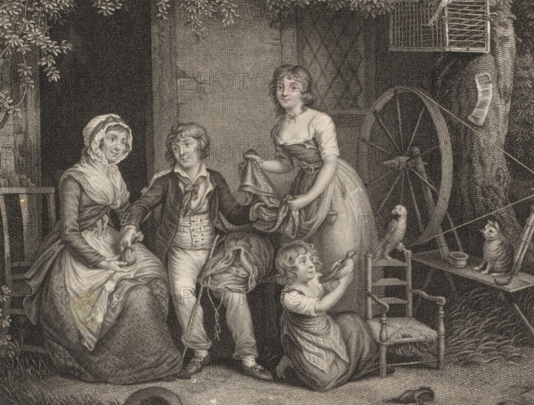 Family in a portico with a spinning wheel, print, France, 1800 - 1850, printmaker, paper, engraving, etching, stippling, height 181 mm x width 237 mm, family, relationship, descent, open door, spinning-wheel, A detailed monochrome engraving shows a domestic scene with figures gathered near an open doorway and a large wooden wheel. A seated woman wearing a bonnet and layered dress holds a small bird in her hands while a boy in a jacket and vest sits beside her, one hand extended toward a standing young woman who holds a cloth. A kneeling child in a simple dress reaches up, presenting a bird toward a small chair and a wooden perch where several birds sit. To the right, a wicker cage hangs near the wheel and a cat stands on a shelf among small bowls. Overhead branches with leaves frame the top of the composition and textured walls form the background.