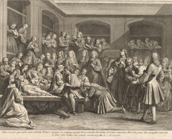 Mourning figures around the tomb of François de Pâris, print, book illustration, France, publisher: Libraires de la Compagnie, Utrecht, 1737, printmaker, paper, engraving, etching, height 232 mm x width 305mm, A detailed monochrome engraving shows a crowded interior with many people gathered around a central table where a body lies covered by drapery, several figures kneel and lean over the table while others stand nearby in long coats and robes; architectural arches and windows form the background with spectators peering from elevated openings; groups of men and women display varied postures and gestures, some holding books or papers, one figure holds a staff, another appears to write while a man with long hair and a cloak stands with his back partly turned, and a dog is visible near the table; the scene is rendered with fine crosshatching and detailed textures on clothing, hair, and the stone floor.