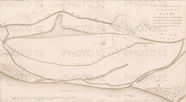 Map of dike breach at Loo, 1809, Figurative Map of the breach at Loo in the Lijmers district occurred on the 13th of January 1809, print, map, Map of the breach of the Liemers Bandijk along the Lower Rhine near Loo in Gelderland, January 13, 1809., printmaker, Netherlands, paper, etching, engraving, height 285 mm x width 492 mm, Used as illustration in: Ewijk, Hendrik. Historical report of the dike breaches and floods along the rivers in the Kingdom of Holland, occurred in January 1809. 3 vols. Amsterdam: Johannes Allart and Jacobus Ruys, maps of separate countries or regions, dike-break, Flood of 1809, Gelderland, Lower Rhine region, Period, 1809-01-13, A sepia-toned map view showing a wide river along the bottom edge with contour shading, a long curving island or sandbank with layered contour lines near the top center, roads or paths meandering across the map, small rectangular building shapes scattered on both sides of the central area, clusters of individual tree symbols arranged i...