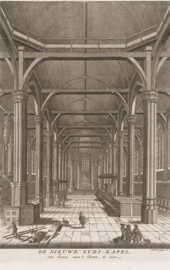 The Nieuwe-Zyds-Kapel, seen from the inside, towards the East, Interior of the Nieuwezijds Chapel in Amsterdam, seen towards the east, print, printmaker: Jan Goeree, Amsterdam, 1680 - 1731, paper, etching, engraving, height 252 mm x width 170 mm, interior of church, Nieuwezijds Kapel, Heilige Stede, A detailed interior view of a large vaulted hall with rows of tall, fluted columns topped by decorative capitals, arched ribbed ceilings, and a central nave leading toward an elevated apse with layered architectural ornament. Stone or tiled flooring stretches down the center, with niches, raised platforms, and wooden structures along the sides. High arched windows punctuate the side walls, admitting light that defines the architectural forms. Small groups of people are scattered along the floor, some standing and conversing, others walking, and a few nearments performing tasks with tools and materials visible on the floor. Decorative railings, balustrades, and gallery walkways run above the...
