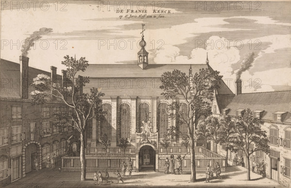 View of the Walloon Church and the St. George's Court in Amsterdam, The French Church, visible at St. George's Court, print, book illustration, printmaker: Jacob van Meurs (possibly), Amsterdam, 1663, paper, etching, engraving, height 191 mm x width 291 mm, An intricately detailed ink drawing of a large stone building with tall arched windows and a steep tiled roof topped by a small bell tower and weather vane, flanked by neighboring buildings with chimneys emitting smoke; a gated courtyard in front of the main entrance contains a raised balustrade, small trees, and a decorative cartouche above an arched doorway; slender trees with bare and leafy branches stand in the foreground along a cobbled street where small groups of people in period clothing walk, stand, and converse; on the left and right, rows of multi-story buildings with shuttered windows and dormers rise behind the courtyard, and the sky above is filled with linear cloud shading.
