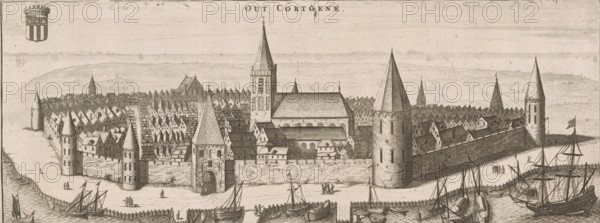 View of Kortgene, Out Cortgene, print, book illustration, printmaker, publisher, Leiden, paper, etching, engraving, height 133 mm x width 346 mm, An engraving shows a fortified coastal town with a high defensive wall punctuated by round and conical towers and a large gateway, behind which a dense arrangement of steeply pitched gabled roofs rises toward a central church complex with a tall tower and a broad nave; small figures are visible on the shoreline and near the entrance, and numerous sailing vessels and rowboats are moored along a waterfront lined with wooden piers and breakwaters, while low hills and distant ships appear on the horizon and a decorative shield appears in a corner.