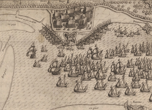 States fleet before Philippine, 1600, print, The States fleet of Maurice before Philippine where men are taken on board, June 22, 1600. Voyage to Ostend of the States army, June 19-27, 1600., printmaker: attributed to Lambert Cornelisz., Northern Netherlands, 1600 - 1602, Attributed to, paper, etching, height 222 mm x width 304 mm, Person, Maurice (Prince of Orange), ships (in general) - CC - more than one ship, troop movements, transportation (sailing-ships), Voyage of Maurice to Ostend, Philippine, Period, 1600-06-22, A detailed monochrome illustration shows a coastal scene with many sailing ships of varying sizes on textured water, their masts, sails, and small flags clearly drawn; near the shore a fortified star-shaped bastion sits at the entrance to a walled settlement filled with rows of tents and clusters of small figures; trees and a wooded shoreline appear behind the settlement, and sinuous stretches of sand or land extend into the water on either side of the harbor; the compo...