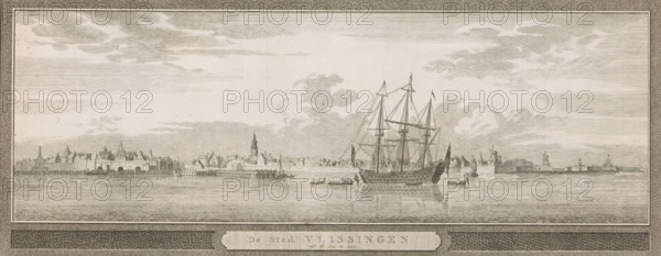 View of Vlissingen, 1743, The city of Vlissingen seen from the sea, print, book illustration, printmaker: Jan Caspar Philips, Amsterdam, after drawing by Cornelis Pronk, publisher: Isaak Tirion, grantor of privilege: States of Holland and West Friesland, 1753, paper, etching, height 173 mm x width 411 mm, A wide horizontal engraving shows a waterfront scene with a large sailing ship anchored in the foreground, its tall masts, rigging, and furled sails rendered in fine lines and reflected in the calm water below. Smaller boats with rowers surround the larger vessel. Behind the ship, a low townscape stretches along the shoreline, composed of clustered buildings with pitched roofs, chimneys, and a prominent church tower rising above the other structures. Wooden piers and breakwaters extend into the water at intervals along the shore. Windmills are visible near the edges of the town. The sky is filled with layered, textured clouds, and the whole image is framed by a decorative border.
