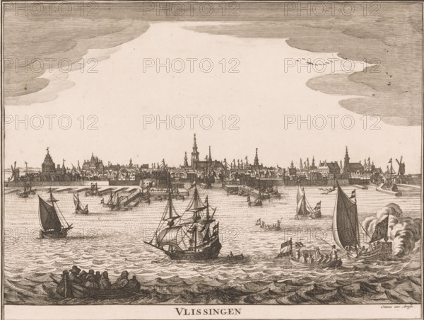 Vlissingen, View of Vlissingen from the water, Speculum Zelandiae, City and village views in Zeeland, print, printmaker: Pieter Hendricksz. Schut, Netherlands, publisher: Ottens en Zoonen, widow Joachim, Amsterdam, c. 1720, paper, etching, height 210 mm x width 279 mm, A wide engraving shows a coastal city skyline with rows of low buildings, spires, towers, and windmills along the shore, a fortified wall and piers extending into the water, many sailing vessels of various sizes with furled and unfurled sails scattered across the choppy sea, smaller rowboats with seated figures, a cluster of people in a boat in the foreground, detailed rigging and masts on the larger ships, cloud formations drawn with horizontal lines filling the upper area, and a decorative border with a label area at the bottom.
