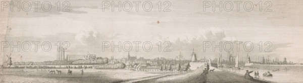 View of Zierikzee, 1743, The city of Zierikzee, seen from the West-Haven-Dyk, print, book illustration, printmaker: Jan Caspar Philips, Amsterdam, after drawing by Cornelis Pronk, publisher: Isaak Tirion, grantor of privilege: Staten van Holland en West-Friesland, 1751, States of Holland and West Friesland, provider of privilege, paper, etching, height 168 mm x width 472 mm, A wide monochrome engraving shows a riverside town with a low skyline of church towers and clustered buildings behind rows of trees, windmills at the edges, and numerous sailing ships and masts clustered near docks on the right; the foreground features an earthen embankment or road running toward the town with a few figures walking and standing, a dog, a seated person near the water, small boats with occupants, grazing horses and scattered people on the open plain to the left, and clouds filling the sky above.