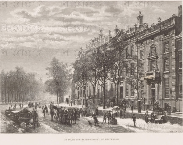 The bend of the Herengracht in Amsterdam, Winter view of the bend in the Herengracht in Amsterdam, print, printmaker: Emil Ost, after design by Cornelis Springer, 1856 - c. 1946, paper, wood engraving, letterpress printing, with text in letterpress, height 329 mm x width 499 mm, skates (winter sports), bridge in city across river, canal, sleigh, sledge (non-sport), Amsterdam, Herengracht (Amsterdam), A wide riverside scene showing a row of tall, ornate buildings with detailed facades and decorative rooflines along the right side, leafless trees lining the street in front of them, people walking and standing on the snowy ground, horse-drawn carriages and horses near the canal, small groups of figures congregating and engaging in various activities along the waterfront, a boat moored at the canal edge with a figure nearby, distant trees fading into the background on the left, and a sky filled with layered clouds above.