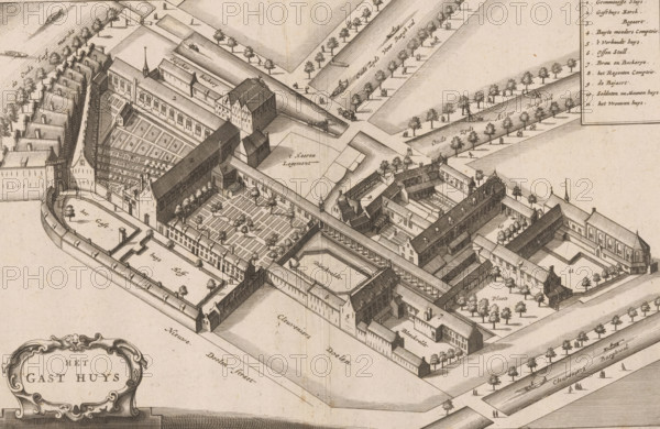 Bird-of-the-art view of the Binnengasthuis in Amsterdam, Het Gast huys, print, book illustration, publisher: Jacob van Meurs, Amsterdam, 1663, printmaker, paper, etching, engraving, height 193 mm x width 297 mm, An aerial view of a detailed engraved city block featuring interconnected buildings arranged around multiple courtyards, enclosed by walls and canals; the buildings have pitched roofs, chimneys, and rows of windows, with one structure showing a tower and spire, another with a large hall and vaulted interior suggestions; tree-lined streets and promenades extend outward, with small boats in the canals and tiny figures walking along paths and bridges; several rectangular planted beds and garden plots occupy inner courtyards, some bordered by low walls and walkways; decorative cartouche with ornate scrollwork appears in a corner; a framed index panel with small handwritten entries is visible at the top, and paved roads, bridges, and stepped embankments connect the complex to the su...