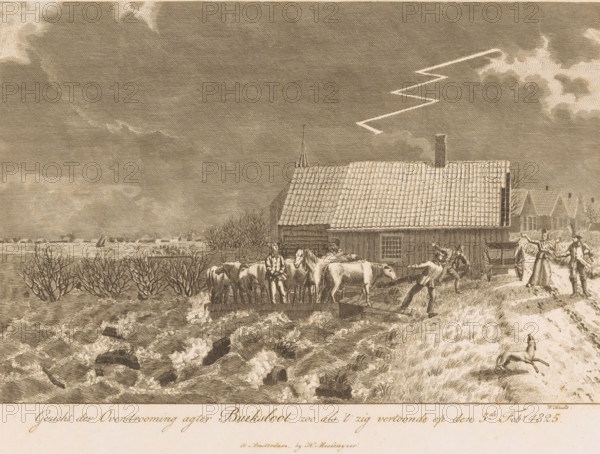 View of the Flood behind Buiksloot as it appeared on February 5, 1825, Flooded land behind Buiksloot, print, printmaker: Willem Schults, Netherlands, publisher: Hendrik Moolenyzer, Amsterdam, paper, etching, height 242 mm x width 304 mm, flood, February 1825 Flood, Buiksloot, Period, 1825-02-05, A sepia-toned engraved scene shows a riverside with churning waters in the foreground and leafless bushes along the bank, a wooden building with a tiled roof and a chimney near the water, a group of horses standing on a wooden platform beside the building, several human figures around the animals including one standing upright and another pushing a cart, two figures on the right gesturing near a small wagon, a dog or small animal leaping on the grassy bank, distant low buildings and a sailboat visible on the horizon, and a dramatic cloudy sky with a zigzag lightning shape above the roof.