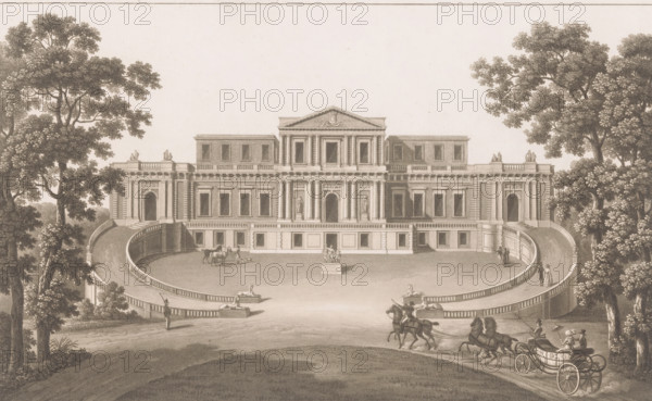 Pavillon de Harlem, View of Pavilion Welgelegen, print, book illustration, publisher: Pierre Jacques Goetghebuer, 1825, printmaker, paper, aquatint, etching, etching and aquatint, height 210 mm x width 320 mm, A wide frontal view of a large neoclassical building with a central pediment, columns, and rows of rectangular windows, flanked by curved balustraded terraces and stairways; statues are positioned on plinths in front of the façade and on the terrace corners. In the foreground a circular driveway surrounds a central open court with sculpted reclining figures on low platforms at the terrace edges. On the lower right a horse-drawn carriage with two visible occupants is moving along the drive, led by a pair of horses and accompanied by a groom, while another carriage with multiple horses appears nearby. Small groups of people stand near the terraces and steps, and a man with a horse and a dog are visible closer to the building. Tall, leafy trees frame the scene on both sides, their b...