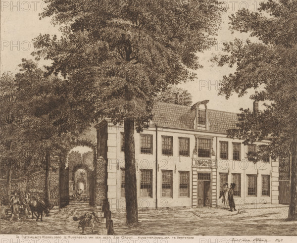 The country estate Wisseloord in Muiderberg of Mr. J. de Groot, art collector in Amsterdam, Wisseloord in Muiderberg, print, after drawing by Maas van Altena, in or after 1798, printmaker, paper, etching, height 203 mm x width 249 mm, rural housing, eg country-house, villa, cottage, Muiderberg, Wisseloord, A detailed etching shows the facade of a multi-windowed building with a tiled roof partially visible behind large leafy trees, a central entrance with decorative framing, and two figures standing near the doorway. Surrounding the building are dense canopies of trees with intricate foliage, a tall tree trunk in front of the facade, and a gated archway set in a brick wall leading into a shaded courtyard with a fountain or circular feature. On the street in front of the scene are two people handling barrels and a small cart with an animal, and another person walking while two children sit or play on the ground. The overall image is rendered in fine linework with sepia tones and detailed...