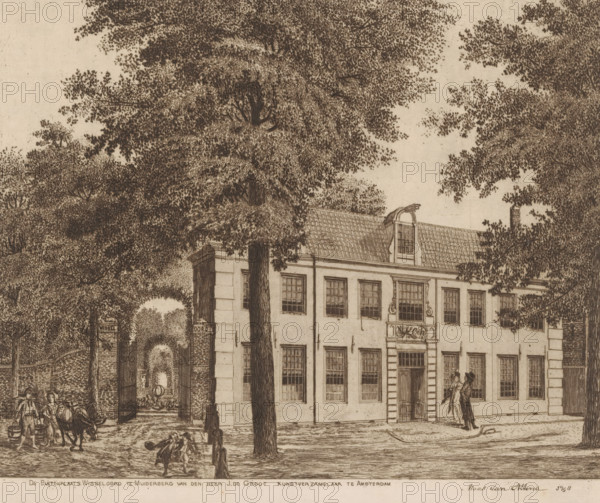Wisseloord in Muiderberg, The Country Estate Wisseloord in Muiderberg of Mr. J. de Groot, art collector in Amsterdam, print, after drawing by Maas van Altena, in or after 1798, printmaker, paper, etching, height 203 mm x width 249 mm, rural housing, eg country-house, villa, cottage, Muiderberg, Wisseloord, A detailed sepia-toned illustration shows a large multi-windowed building with a tiled roof and a decorative central entrance flanked by columns, partially obscured by tall leafy trees whose dense foliage fills much of the upper area; in front of the building a couple stands near the doorway while figures move and sit along the street, and an arched gated passage beside the building opens onto a tree-lined courtyard with a fountain, all rendered with fine cross-hatching and stippled texture.