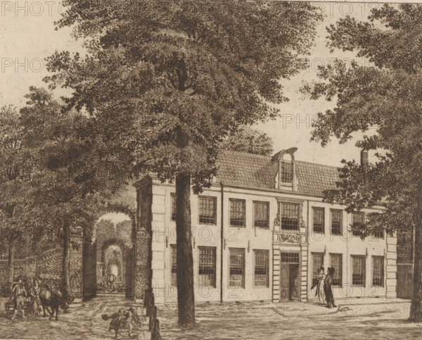 The country estate Wisseloord in Muiderberg of Mr. J. de Groot, art collector in Amsterdam, Wisseloord in Muiderberg, print, after drawing by Maas van Altena, in or after 1798, printmaker, paper, etching, height 203 mm x width 250 mm, rural housing, eg country-house, villa, cottage, Muiderberg, Wisseloord, A detailed sepia-toned engraving shows a tall tree with dense foliage dominating the foreground in front of a rectangular two-story building with a tiled roof and multiple windows; a decorative dormer projects from the roof and a chimney rises behind trees to the right. The building has a central doorway with an ornate surround and rows of evenly spaced windows on both floors. To the left of the building an arched gateway set in brick leads into a shaded courtyard where a large urn sits among foliage. Figures populate the street: a group near the left edge includes people with a pack animal and containers, a person sits on the curb, and a pair near the building’s entrance are engaged...
