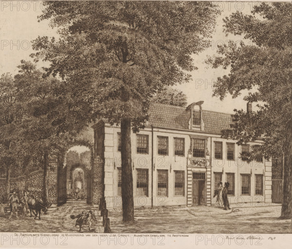 The country estate Wisseloord in Muiderberg of Mr. J. de Groot, art collector in Amsterdam, Wisseloord in Muiderberg, print, after drawing by Maas van Altena, in or after 1798, printmaker, paper, etching, height 204 mm x width 250 mm, rural housing, eg country-house, villa, cottage, Muiderberg, Wisseloord, A detailed sepia-toned etching shows a street scene with a large multi-story building featuring a tiled roof, rows of tall rectangular windows, and a central doorway framed by decorative stonework; two figures stand near the entrance engaged in conversation. Towering trees with dense foliage dominate the upper portion of the image, their branches and leaves spreading across the sky and partially obscuring the roofline. To the left, an open gated archway in a brick wall reveals a garden path and a spherical fountain beyond, while several small figures and a cart appear near the gate. The foreground shows a cobbled street with scattered people, one man carrying buckets and another walk...